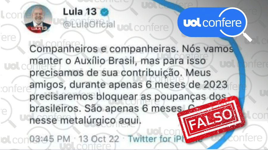 18.out.2022 -  A postagem não aparece na rede do ex-presidente Luiz Inácio Lula da Silva (PT) nem foi apagada de seu perfil - Arte/UOL sobre Reprodução/Facebook