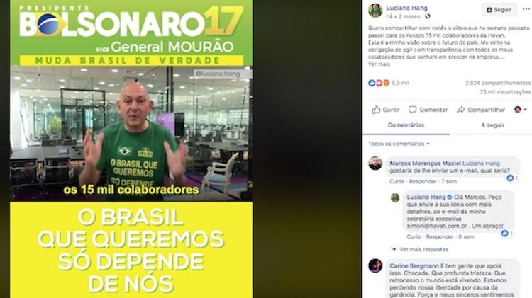 Imagem de vídeo divulgado por Luciano Hang no Facebook pedindo voto a Bolsonaro