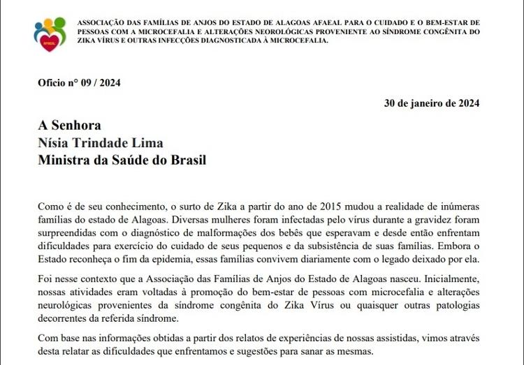Reprodução de ofício enviado a ministra Nísia Teixeira, no final de janeiro