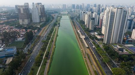 Rio Pinheiros, em São Paulo, amanheceu com coloração verde na segunda-feira (9)