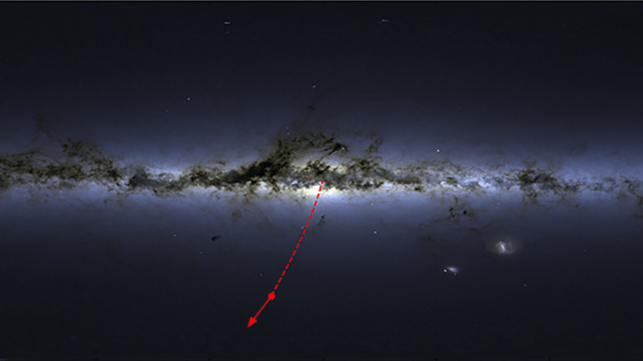 Localização da estrela S5-HVS1 no céu e a direção do seu movimento. A estrela está voando para longe do centro galáctico, de onde foi ejetada 5 milhões de anos atrás - Sergey Koposov/Divulgação