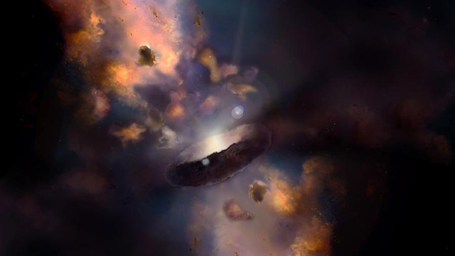 Ilustração mostra um buraco negro cercado de poeira cósmica e "nuvens" - Nima Abkenar/Nasa