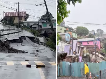 Rua desmorona em Gramado (RS) após fortes chuvas e moradores são evacuados