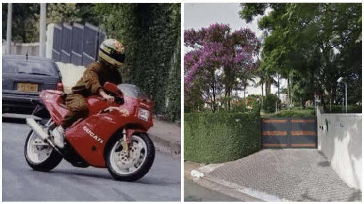 Ayrton chegando de moto à casa na avenida Nova Cantareira, na década de 90; à direita, como a fachada se encontra atualmente Ayrton chegando de moto à casa na avenida Nova Cantareira, na década de 90; à direita, como a fachada se encontra atualmente