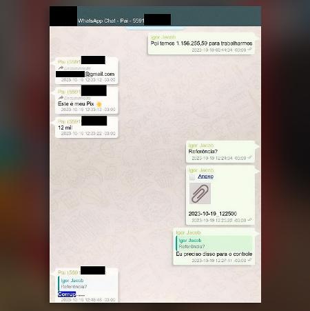 Troca de mensagens entre Igor Jacob e o pai menciona 