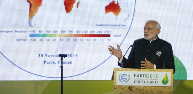 O primeiro ministro indiano Narendra Modi encabeça a "aliança internacional da energia solar (ISA)", uma coalizão de 121 países situados nas regiões mais ensolaradas do mundo. "Nós queremos levar a energia solar para nossas vidas, nossas casas, tornando-a mais barata, mais confiável e mais fácil para ser conectada à rede", declarou Modi - Zhou Lei/Xinhua