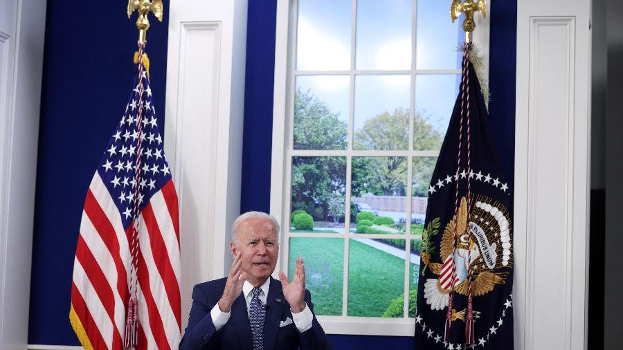 22.set.2021 - O presidente dos Estados Unidos Joe Biden fala durante cúpula virtual sobre covid da Assembleia Geral das Nações Unidas - Alex Wong/Getty Images via AFP