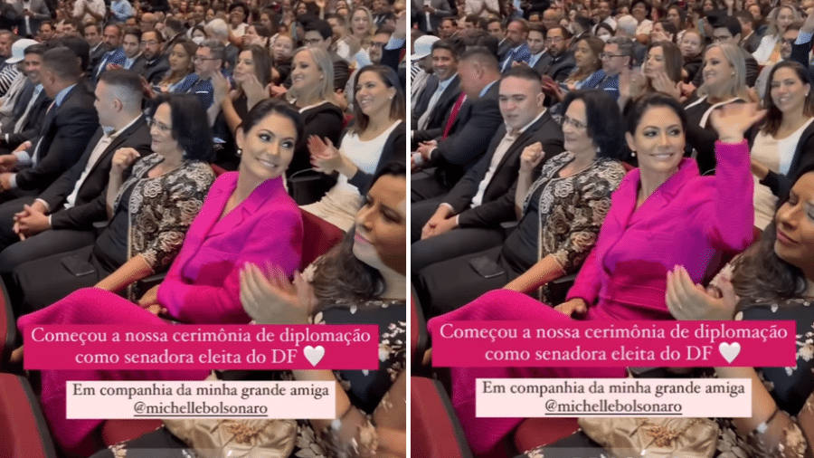 A primeira-dama, Michelle Bolsonaro, na diplomação da senadora eleita Damares Alves (Republicanos) - Reprodução/Instagram/Damares Alves