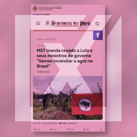 30.ago.2024 - É falsa a publicação que alegou que o MST teria ameaçado incendiar o agronegócio no Brasil antes das queimadas registradas em agosto deste ano. 