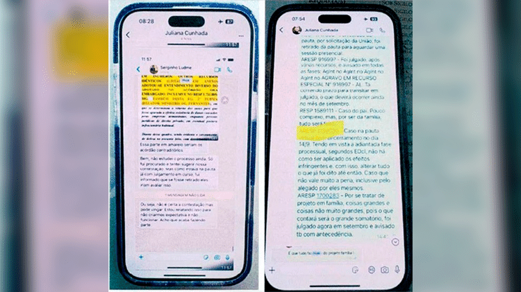 Reprodução de conversa entre Juliana e Ludmer sobre processo no STJ e de diálogo entre a irmã do assessor e a esposa dele (PF diz que o marido usou o celular dela para não deixar rastros)