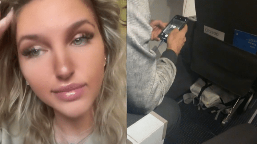 Alina Bedrossian, 23, ficou indignada ao flagrar o passageiro de um voo, sentado na poltrona ao seu lado, tirando fotos de seus pés - Reprodução/TikTok