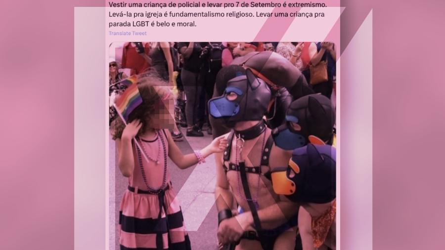 15.jun.2023 - Post engana ao sugerir que a cena ocorreu na Parada LGBT+ de São Paulo. A foto é, na realidade, da edição de 2019 da Parada LGBT+ de Montreal, em Québec, no Canadá. - Projeto Comprova