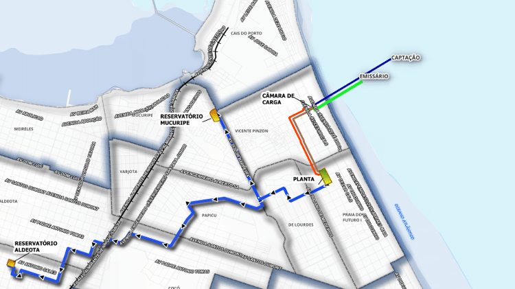 Mapa por onde passará os dutos da usina de dessalinização de Fortaleza 