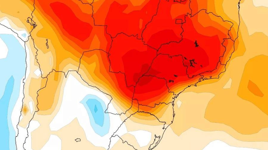 Projeção de anomalia (desvio da média) de temperatura para o mês de outubro no Centro-Sul do Brasil - Reprodução/MetSul