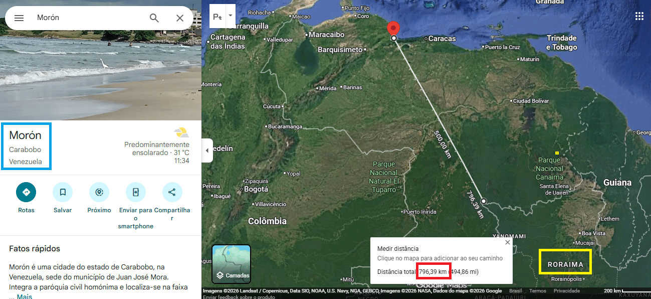 Print - Distância entre a cidade de Morón, na Venezuela, e fronteira com o Brasil - undefined