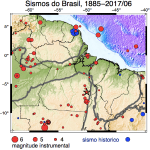 Mapa aponta locais onde ocorreram tremores na faixa sísmica do Pará, localizada entre a Serra dos Gradaús até a Ilha de Marajó  - Divulgação/Centro de Sismologia da Universidade de São Paulo