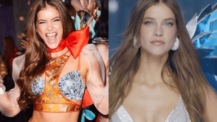 Modelo húngara Barbara Palvin no Victoria's Secret Fashion Show de 2018, à esquerda, e no retorno em 2024