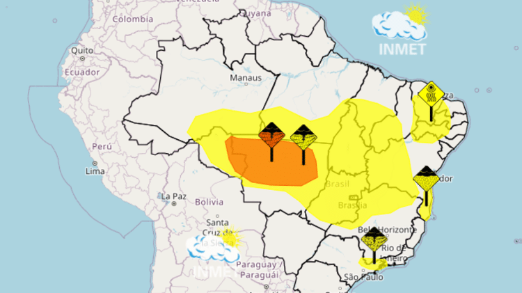 Detalhe de mapa elaborado pelo Inmet indica regiões onde há alertas de perigo. No interior de estados como Ceará e Pernambuco, alerta para baixa umidade. No restante do mapa, o alerta se refere a fortes chuvas, sendo que a cor laranja indica maior volume