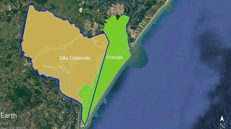 Área circulada em azul mostra território de São Cristóvão (SE) se chocando ao território de Aracaju