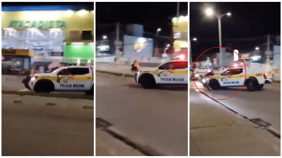 Sequência mostra viatura atravessando o canteiro central e atropelando motociclista em Florianópolis na noite de ontem