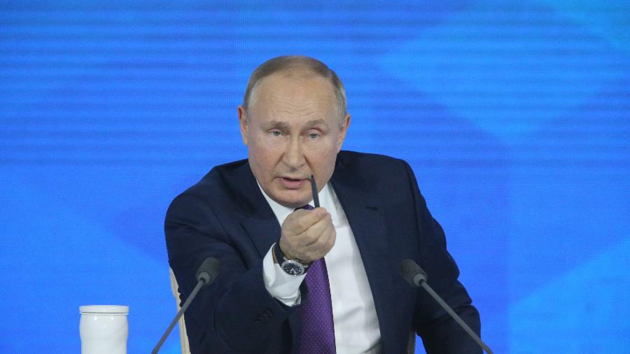 23 dez. 2021 - Presidente da Rússia, Vladimir Putin, em entrevista coletiva em Moscou - Mikhail Svetlov/Getty Images