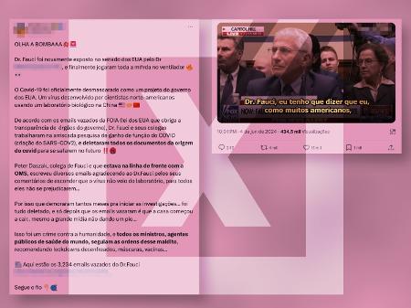 13.jun.2024 - É enganoso post que diz que o infectologista Anthony Fauci teria confessado participação na criação do vírus da covid-19 e deletado documentos sobre a origem do vírus - Projeto Comprova
