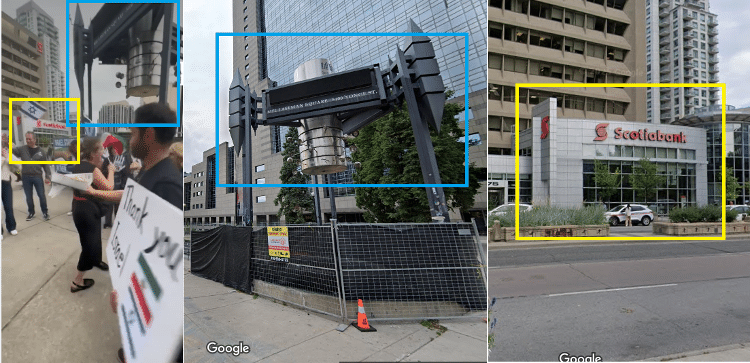 Vídeo original (à esq) foi gravado em praça de Toronto, como se nota por estrutura metálica (em azul) e agência bancária (em amarelo) Vídeo original (à esq) foi gravado em praça de Toronto, como se nota por estrutura metálica (em azul) e agência bancária (em amarelo)