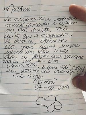 A carta de mãe, que Matheus levou na carteira para a Turquia - Reprodução/Arquivo Pessoal - Reprodução/Arquivo Pessoal