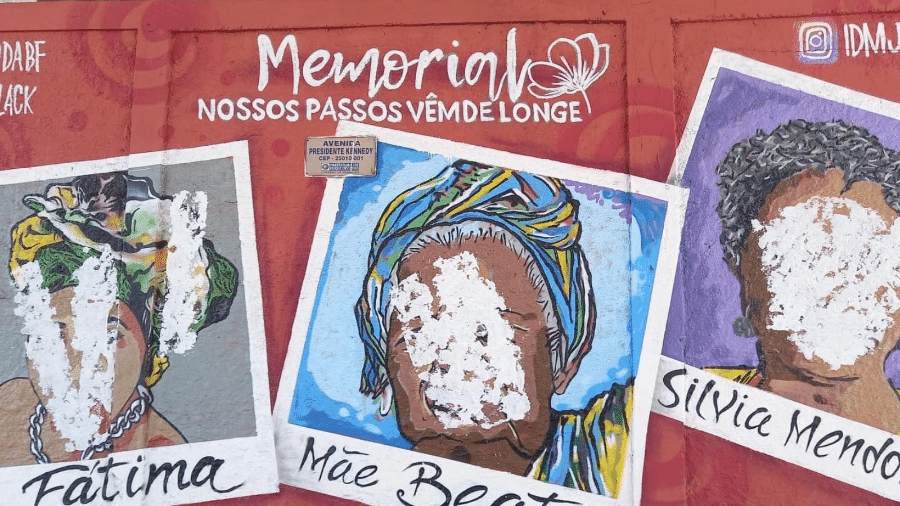 Vândalo pintou parte dos rostos das homenageadas e só parou ao ser abordado por ambulantes - Reprodução/Twitter/@southaferreira
