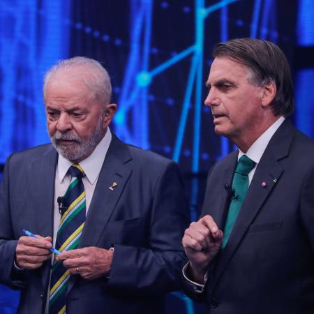 Os candidatos Lula (PT) e Bolsonaro (PL), durante o debate do segundo turno 