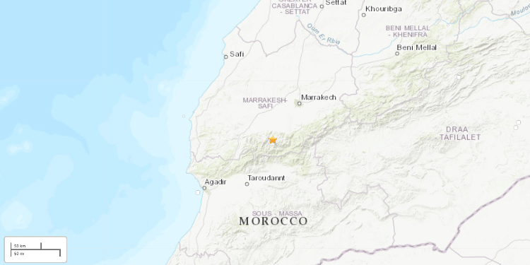 Mapa indica epicentro do terremoto de magnitude 6,8 no Marrocos