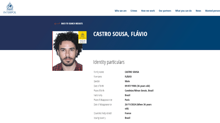 Página da Interpol que identifica Flávio Castro Sousa