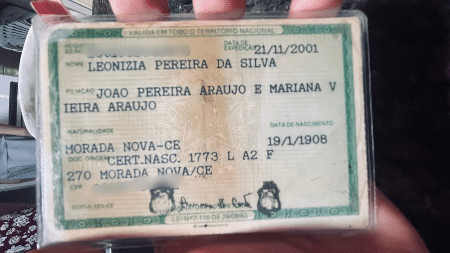 RG de Leonizia indica que ela nasceu em janeiro de 1908 - Arquivo pessoal