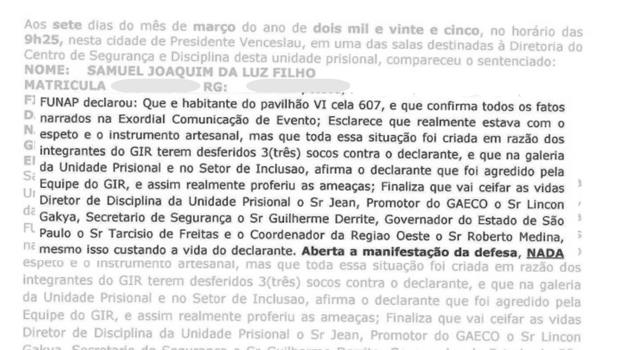 Relatório registra ameaças de morte do preso Samuel Joaquim da Luz Filho Relatório registra ameaças de morte do preso Samuel Joaquim da Luz Filho