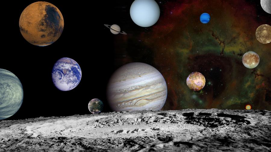 Montagem com imagens feitas pela sonda Voyager dos planetas do Sistema Solar, quatro luas de Júpiter e, em primeiro, a Lua - Nasa