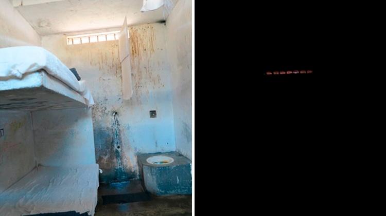 À esq., cela comum da Penitenciária 1 de Presidente Venceslau, e à dir. cela escura, em foto tirada durante o dia, do setor conhecido pelos presos como "trem fantasma" 