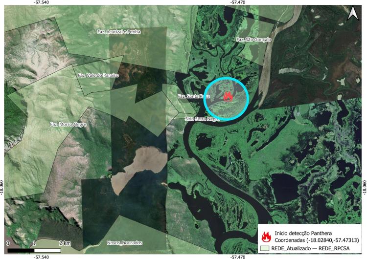 Coordenadas obtidas pelo Sistema Pantera, do Instituto Homem Pantaneiro, identificaram a propriedade em que se iniciou o fogo que atingiu a Serra do Amolar, no Pantanal sulmatogrossense