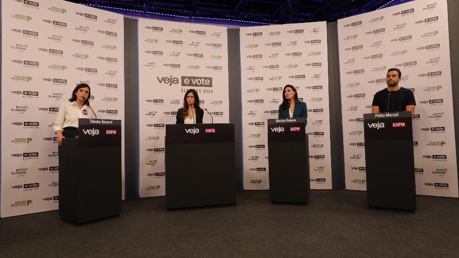 Tabata Amaral (PSB), Marina Helena (Novo) e Pablo Marçal (PRTB) durante debate promovido pela revista Veja