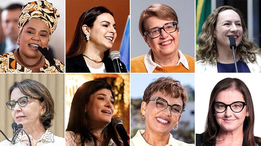 Em sentido horário, a partir do alto à esq., Dandara Tonantzin, Mariana Carvalho, Margarida Salomão, Adriana Accorsi, Mara Bertaiolli, Marília Campos, Rose Modesto e Emília Corrêa