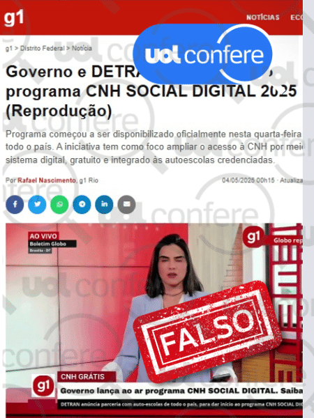 20.mai.2025 - Post usa notícia falsa para aplicar golpe sobre CNH Social Digital 20.mai.2025 - Post usa notícia falsa para aplicar golpe sobre CNH Social Digital
