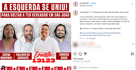 Postagem no Instagram mostra apoio de Paulinho do Sindicato a Ernesto do PT Postagem no Instagram mostra apoio de Paulinho do Sindicato a Ernesto do PT