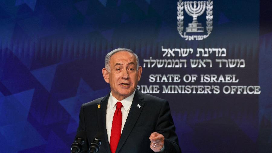 Primeiro-ministro de Israel, Benjamin Netanyahu, durante coletiva de imprensa em Jerusalém