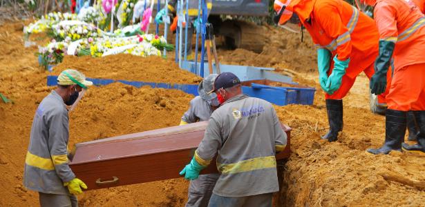 27/04/2020 - Coronavírus: Movimentação no cemitério Parque de Manaus, com coveiros colocando caixões dentro de vala aberta