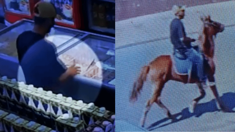 Imagens de câmeras de segurança mostram homem furtando mercado e fugindo a cavalo em Luziânia, em Goiás - Reprodução/TV Anhanguera