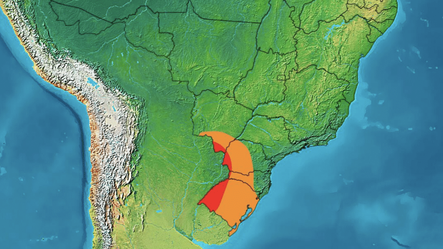 Nova onda de calor atinge sul do Brasil; a área laranja corresponde a temperaturas de 3ºC a 5ºC acima da média; na área vermelha, mais de 5ºC acima da média 