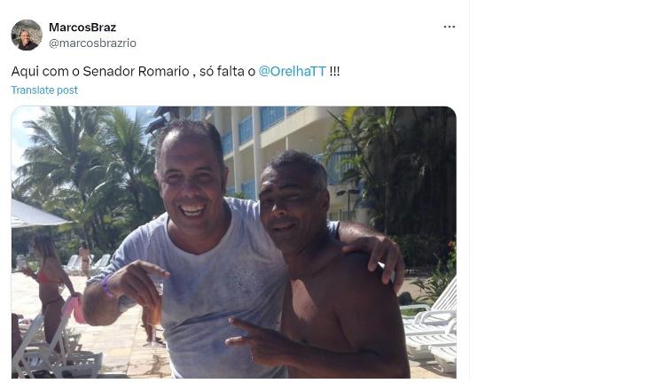 Marcos Braz e Romário (dir.) em foto postada em novembro de 2014 no perfil do X do vice do Flamengo
