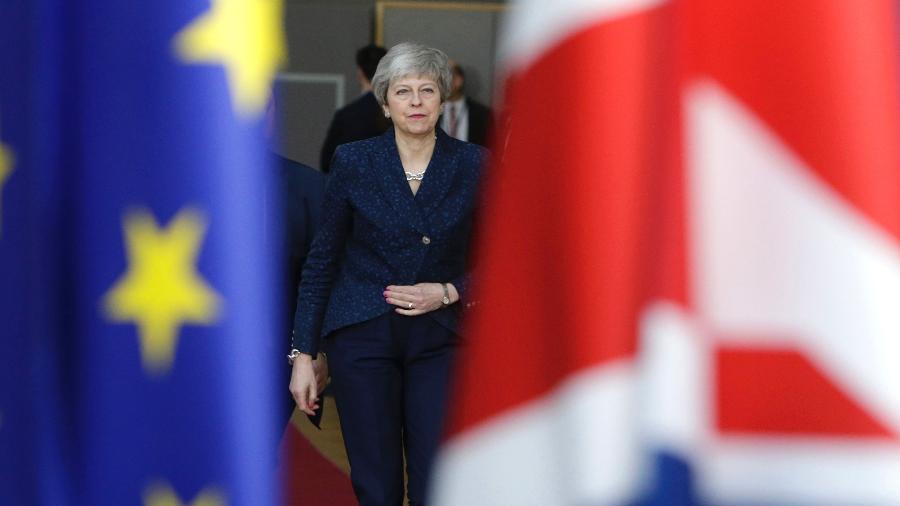 21.mar.2019 - A primeira-ministra britânica Theresa May chega em Bruxelas para o primeiro dia de reunião com líderes da União Europeia sobre o Brexit - Aris Oikonomou/AFP