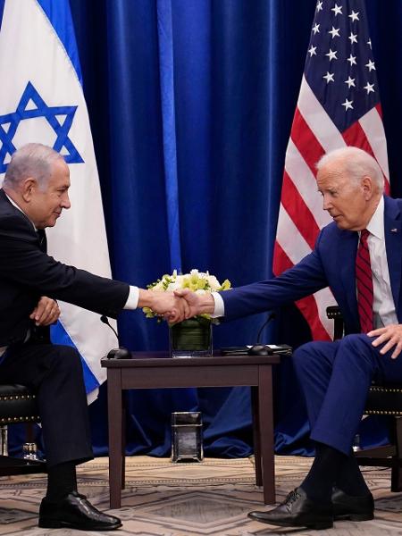 Outubro de 2023 - O presidente dos EUA, Joe Biden, em reunião com o primeiro-ministro Benjamin Netanyahu, em Nova York