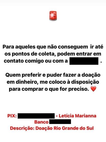 Letícia Firmo, filha mais velha de Michelle Bolsonaro, pediu para seus seguidores doarem para as vítimas das fortes chuvas do Rio Grande do Sul.