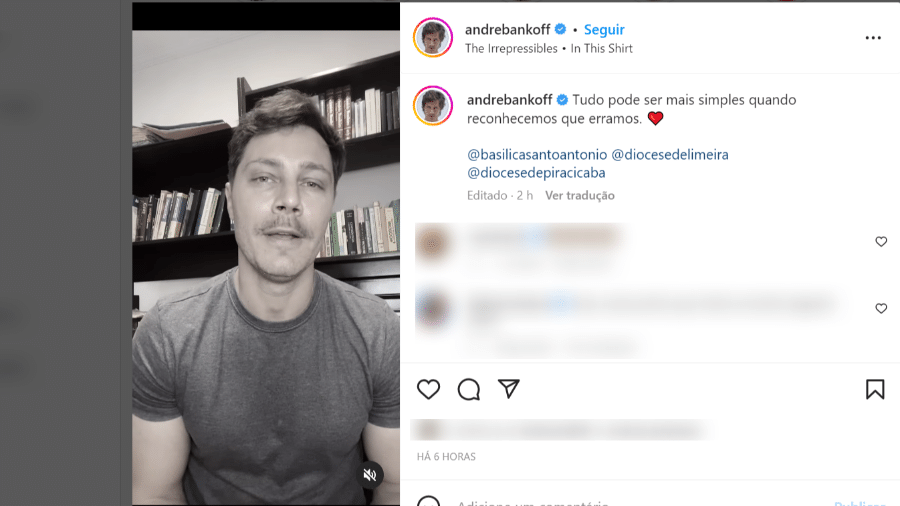 31.dez.2022 - No Instagram, o ator Andre Bankoff disse que gravou o vídeo na basílica "sem pensar" e que foi pessoalmente pedir desculpas ao padre - Reprodução/Instagram